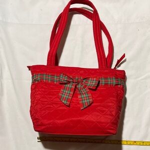 Red Quilted Tote Bag with Plaid Bow